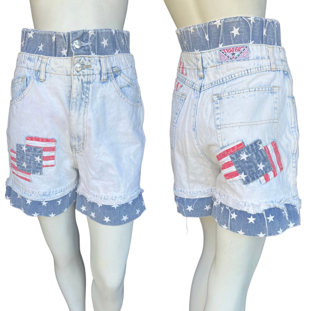 Vintage 80's Light Wash American Flag Patchwork High Rise Mom Shorts RARE 11/12