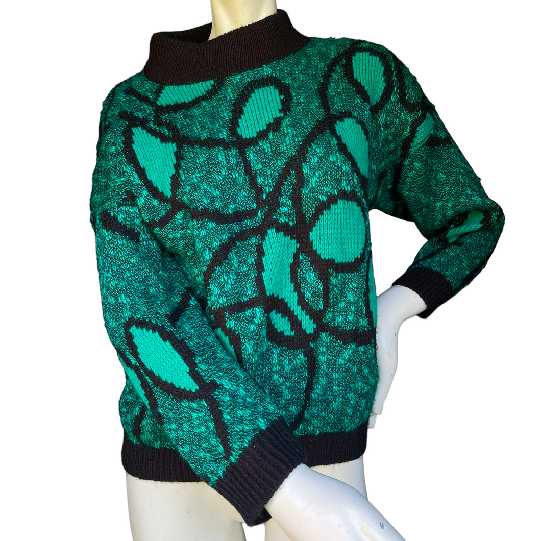 Vintage 90s Green and Black Swirl Geometric Print Mockneck Knit Sweater USA MADE