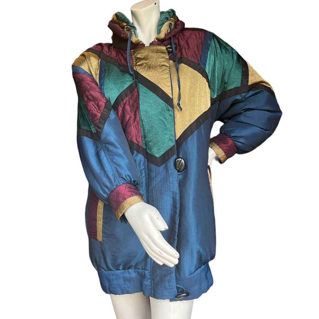 Vintage 90's Jewel Tone Patchwork Iridescent Puffer Jacket | Size XS RUNS BIG