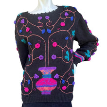 Load image into Gallery viewer, Vintage 80&#39;s Knit Chunky Grandma Sweater with 3D Flowers &amp; Vase Design | Medium
