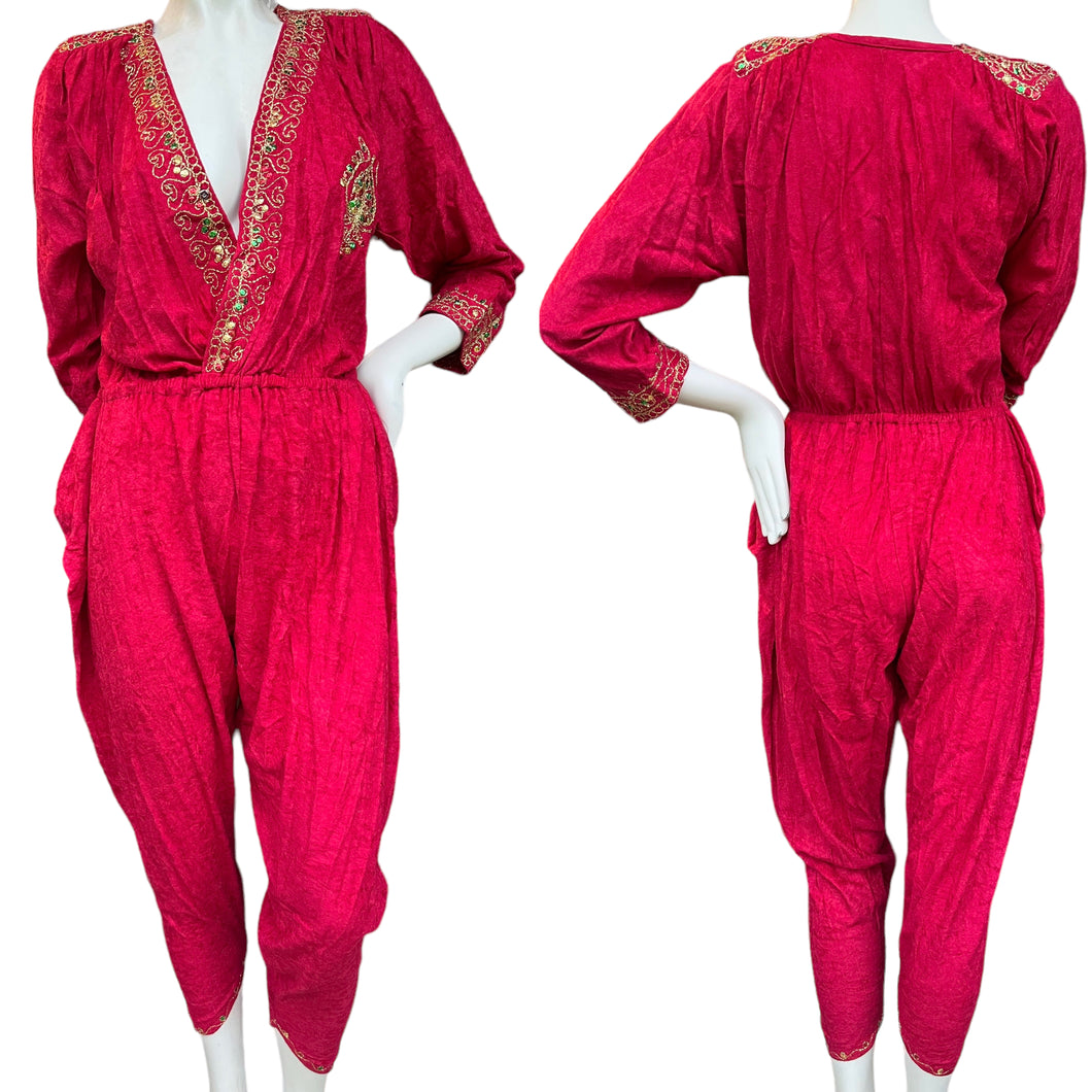 Vintage 80's Red Jewel Tone Embroidered Deep V Neck Long Sleeve Harem Jumpsuit