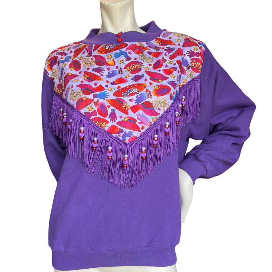 Vintage Handmade Purple Fringe Upcycled Crewneck Sweatshirt with Beads