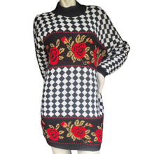 Load image into Gallery viewer, Vintage 90&#39;s Oversized Gothic Checkerboard and Rose Print Chunky Knit Sweater
