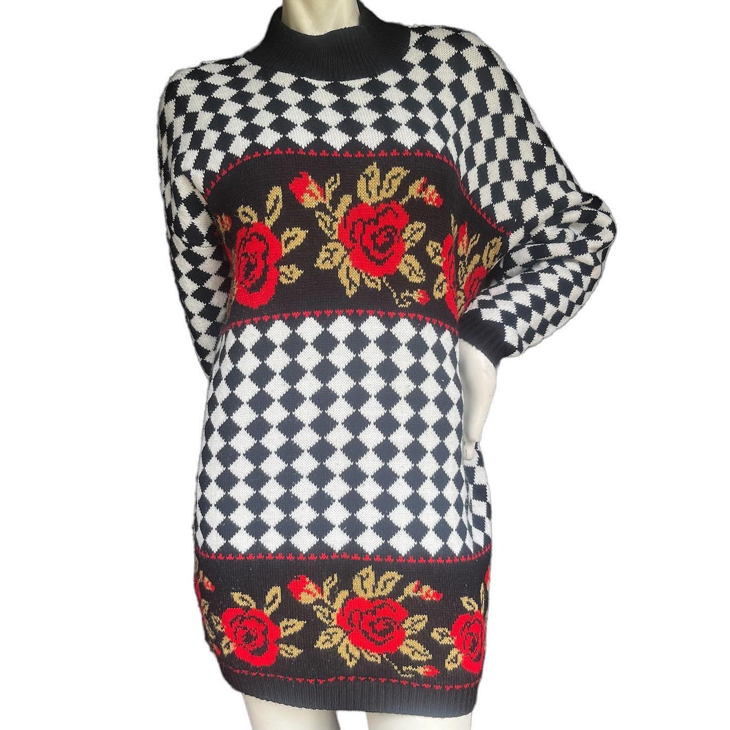 Vintage 90's Oversized Gothic Checkerboard and Rose Print Chunky Knit Sweater