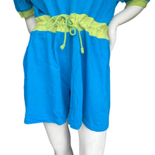 Load image into Gallery viewer, Vintage 80s/90s Blue &amp; Lime Bright High Neck Tie Waist Romper Size: Large
