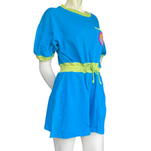 Load image into Gallery viewer, Vintage 80s/90s Blue &amp; Lime Bright High Neck Tie Waist Romper Size: Large
