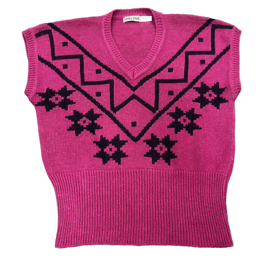 Vintage 80's Leau Vive Magenta & Black Geometric Print Sweater Vest