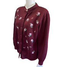 Load image into Gallery viewer, Vintage Burgundy Collared Button Down Sweatshirt Jacket with Rose Print | Large
