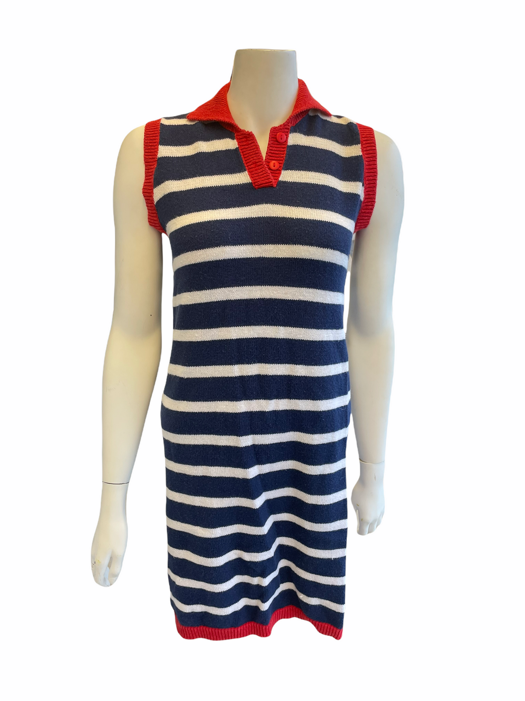 Vintage Navy & White Striped Collared Sleeveless Dress | Size: Medium