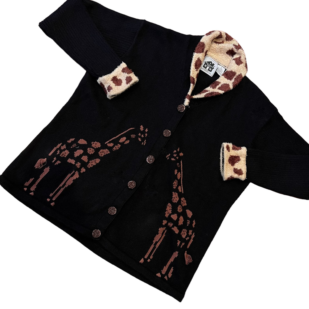 Vintage Storybook Knits Black Giraffe Themed Button Down Cardigan | Size: 1X