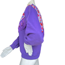 Load image into Gallery viewer, Vintage Handmade Purple Fringe Upcycled Crewneck Sweatshirt with Beads
