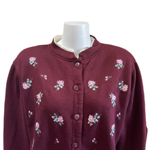 Load image into Gallery viewer, Vintage Burgundy Collared Button Down Sweatshirt Jacket with Rose Print | Large

