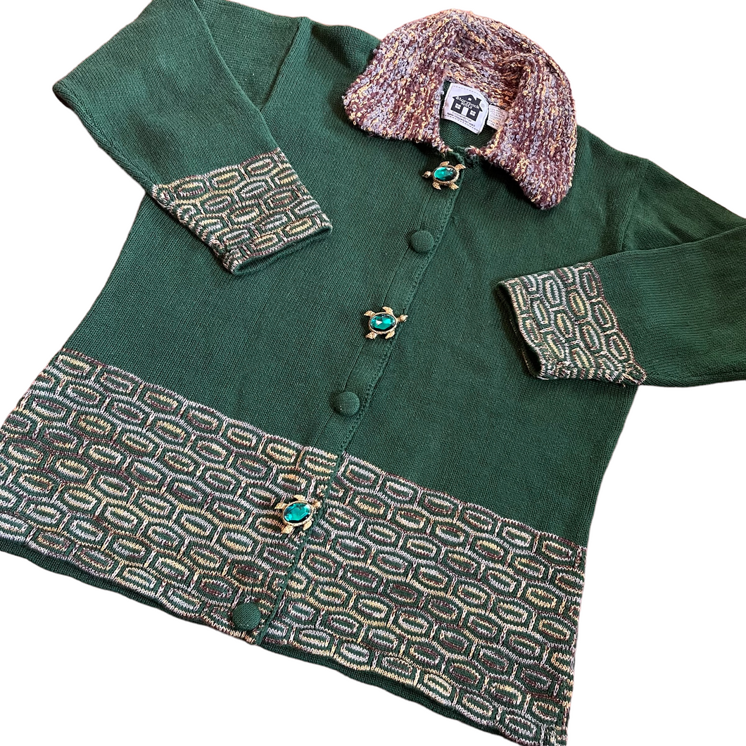 Vintage Storybook Knits Green Collared Cardigan with Ornate Turtle Buttons Large