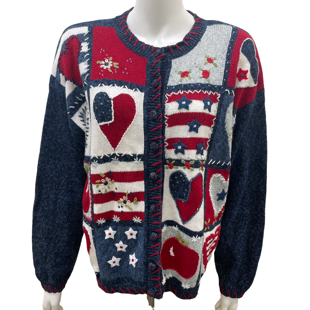 Vintage Embroidered Patchwork Fourth of July Heart Star and Apple Print Cardigan