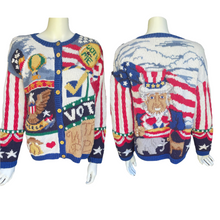 Load image into Gallery viewer, Vintage America Voting Liberty Bell Presidents Cardigan Hand Knit Petite Medium
