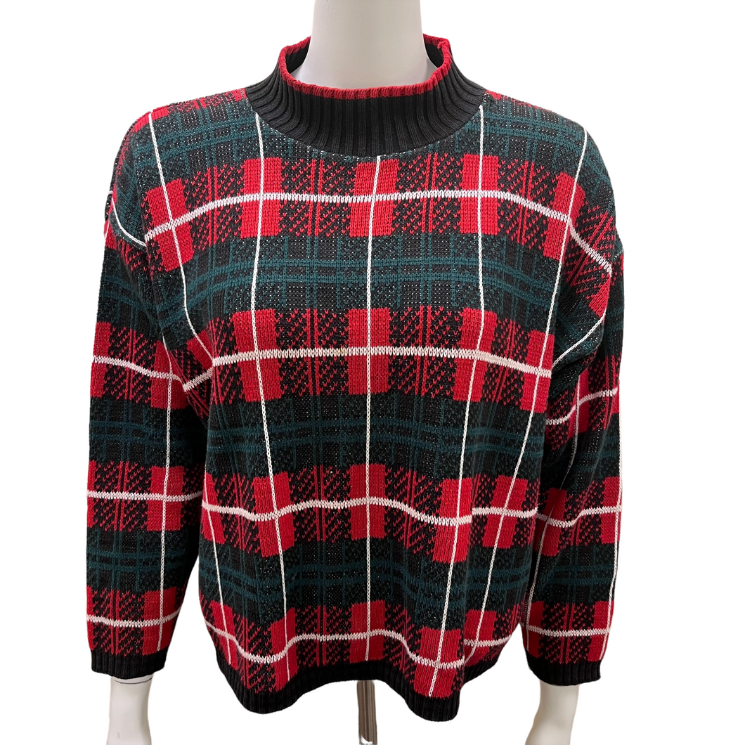Vintage 90's Dark Academia Twee Plaid Knit Turtleneck Sweater Made in USA Medium