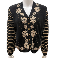 Load image into Gallery viewer, VTG Marisa Christina Studio Black and Cream Floral Cardigan with Wooden Beads
