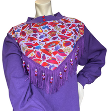 Load image into Gallery viewer, Vintage Handmade Purple Fringe Upcycled Crewneck Sweatshirt with Beads
