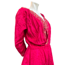 Load image into Gallery viewer, Vintage 80&#39;s Red Jewel Tone Embroidered Deep V Neck Long Sleeve Harem Jumpsuit
