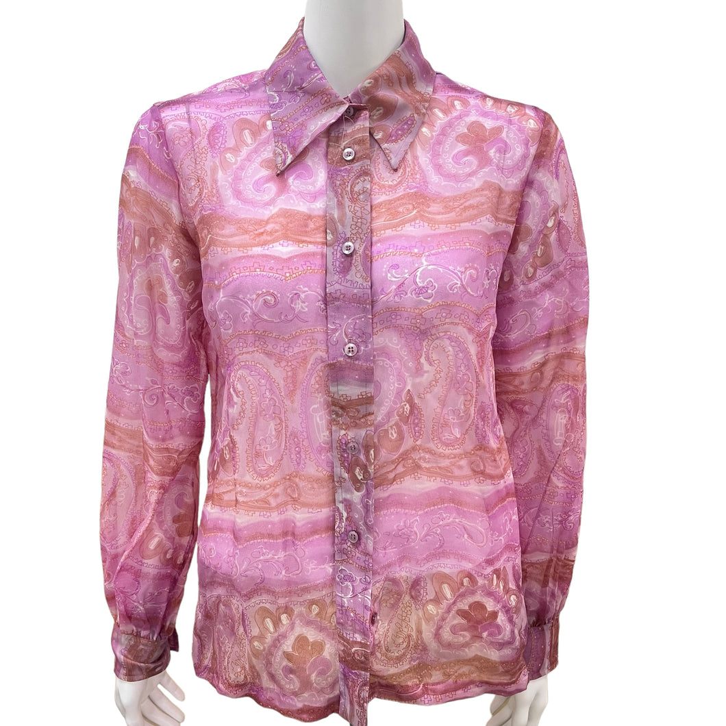Vintage 1970's Floral Collared Button Down Pink Floral and Paisley Blouse 15/16