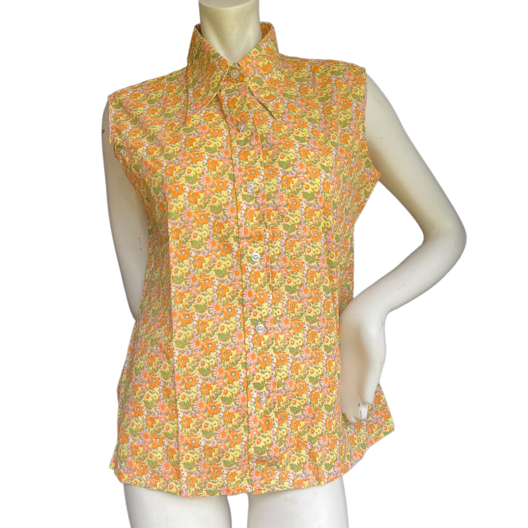 Vintage 70s Retro Floral Sleeveless Collared Button Down Shirt Size 38 or Medium