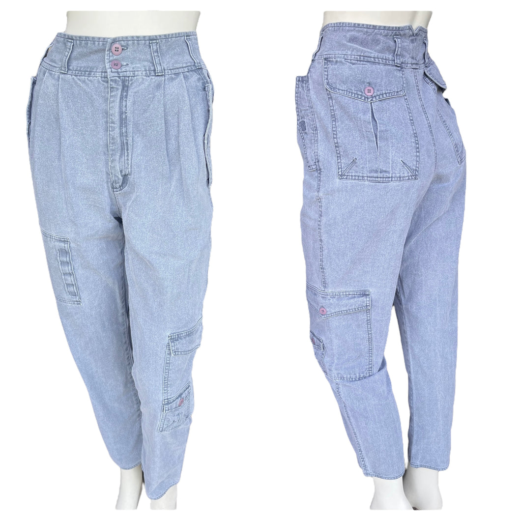 Vintage 80's Jordache Grey High Rise Tapered Leg Multiple Cargo Pocket Jeans 7