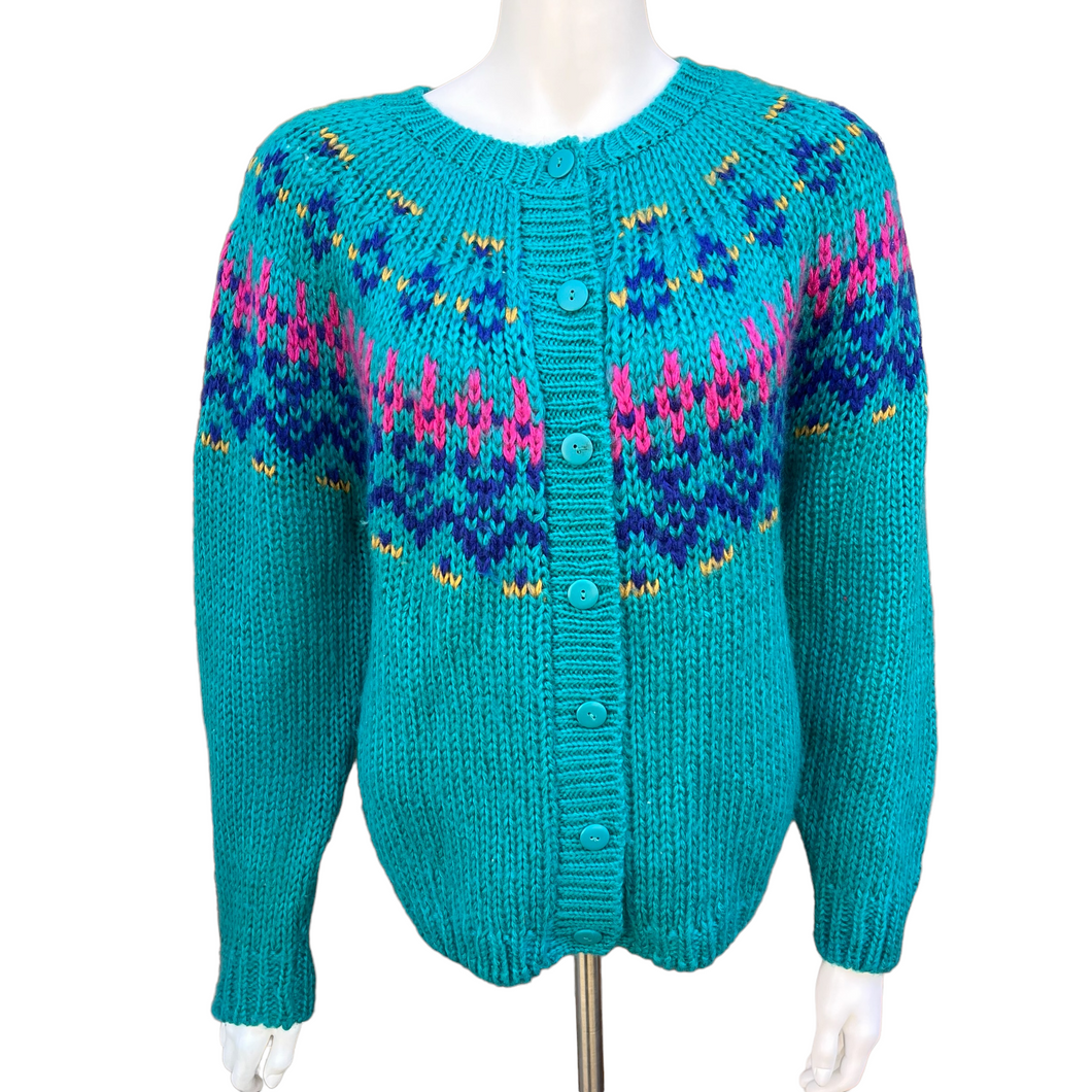 Vintage 90's Crewneck Button Down Fair Isle Chunky Knit Cardigan | Size: Medium