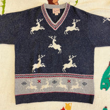 Load image into Gallery viewer, Vintage Woolrich Wool &amp; Silk Blend V Neck Reindeer Holiday Sweater Size Large

