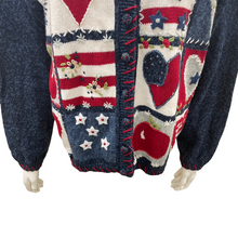 Load image into Gallery viewer, Vintage Embroidered Patchwork Fourth of July Heart Star and Apple Print Cardigan
