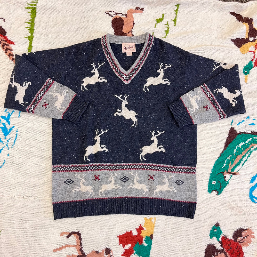 Vintage Woolrich Wool & Silk Blend V Neck Reindeer Holiday Sweater Size Large