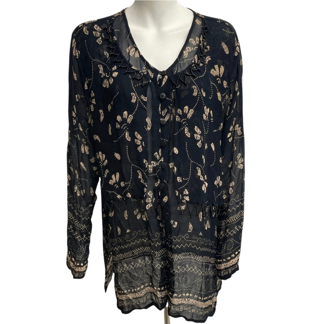 Vintage Floral Print Button Up Tunic with Beaded Overlay Detailing | Size: 2X